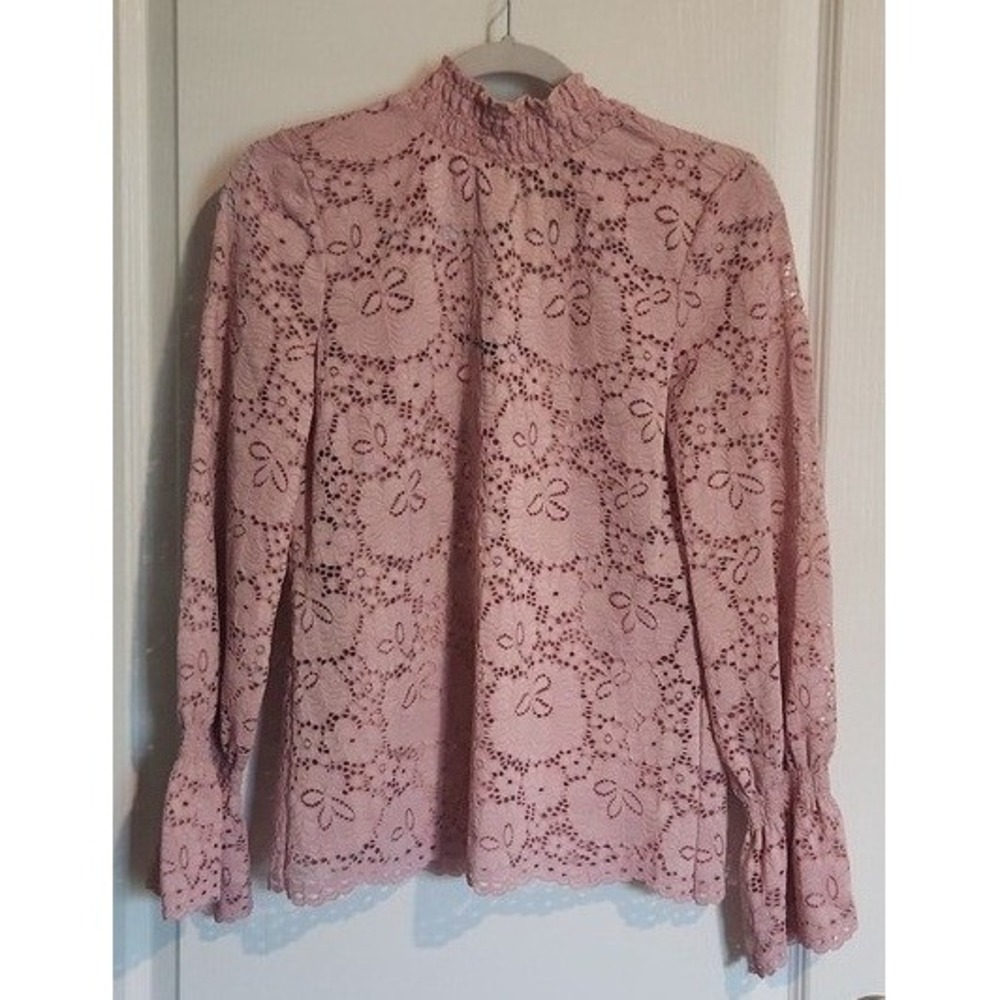 Adrianna Papell Lilac Mist Lace Blouse Ruffle Cuffs Mock Neck Small Keyhole Back